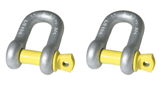 Two D-shackles with yellow colored pins