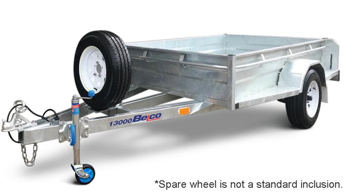 A galvanised, single axle box trailer on a white background.